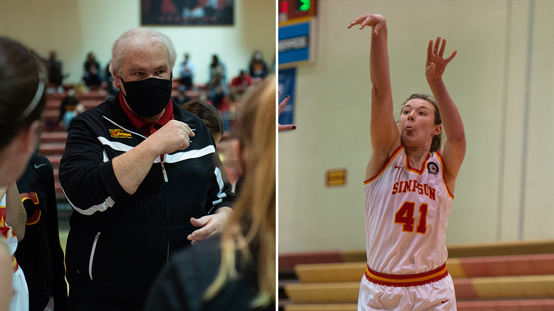 Simpson head coach Brian Niemuth (left) earned American Rivers Conference Coach of the Year honors and senior forward Jenna Taylor (right) was named American Rivers Conference MVP for the 2020-21 season.