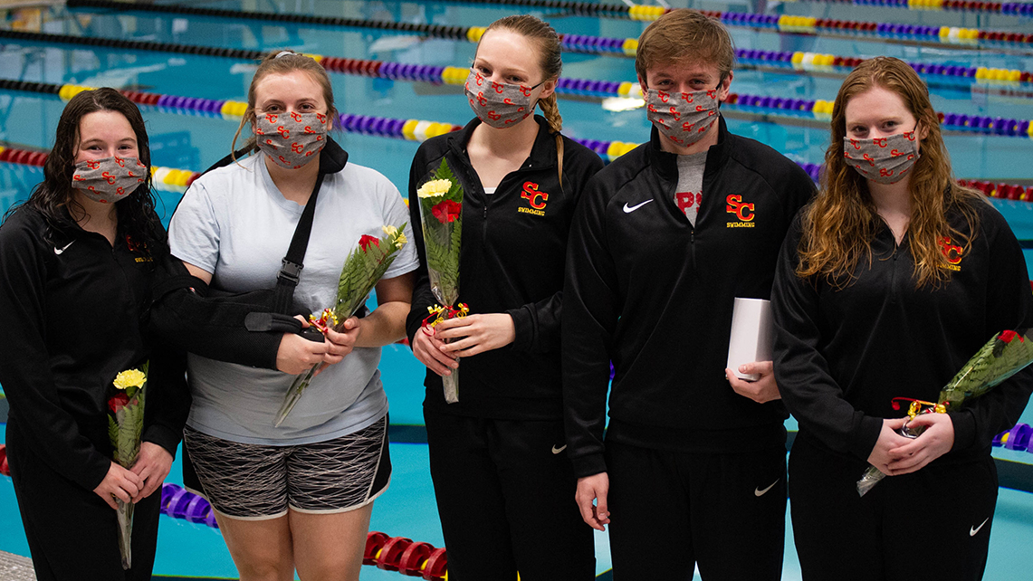 The Simpson College swimming and diving teams had senior night for their five seniors: (L-R): Madison DePover, Angela Eppens, Katie Cardoza, Blake Kakacek and Sarah Prendergast. Photo by Corinne Thomas