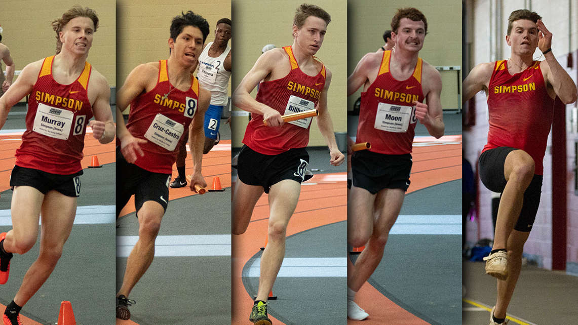 L-R: James Murray, Steven Cruz-Castro, Clay Billheimer and Spencer Moon finished second in the distance medley relay, and Carter Berkey ended third in the long jump for all-conference honors. Photos by Corinne Thomas